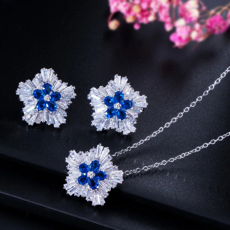 ThreeGraces Fashion Shiny Blue Green Cubic Zirconia Snow Flower Pendant Necklace and Stud Earrings Jewelry Set for Women T1226
