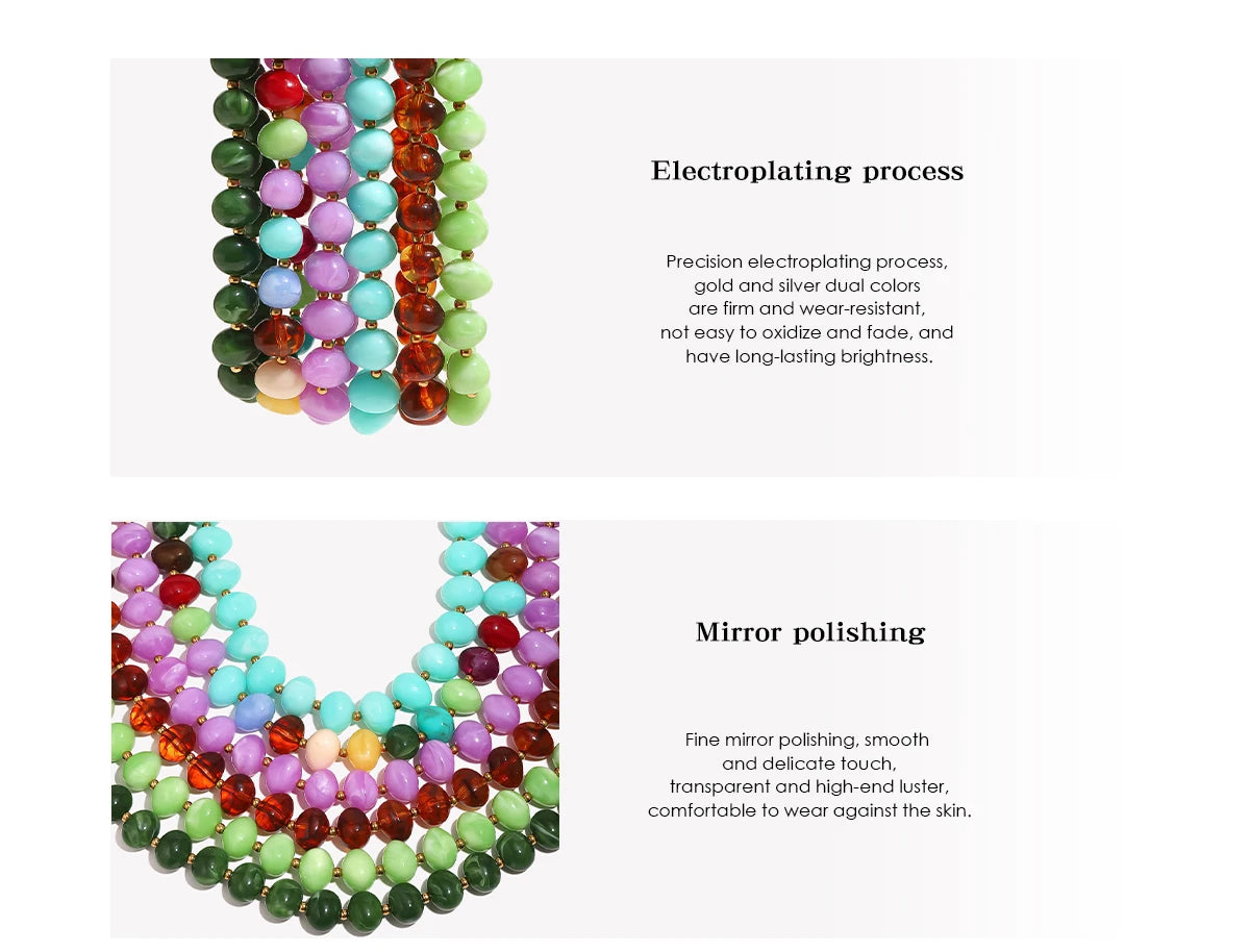 E.B.belle Colorful Candy Bead Strand Necklace Adjustable Gold Extension Chain Flat Oval Resin Beads Fashion Beach Women Jewelry