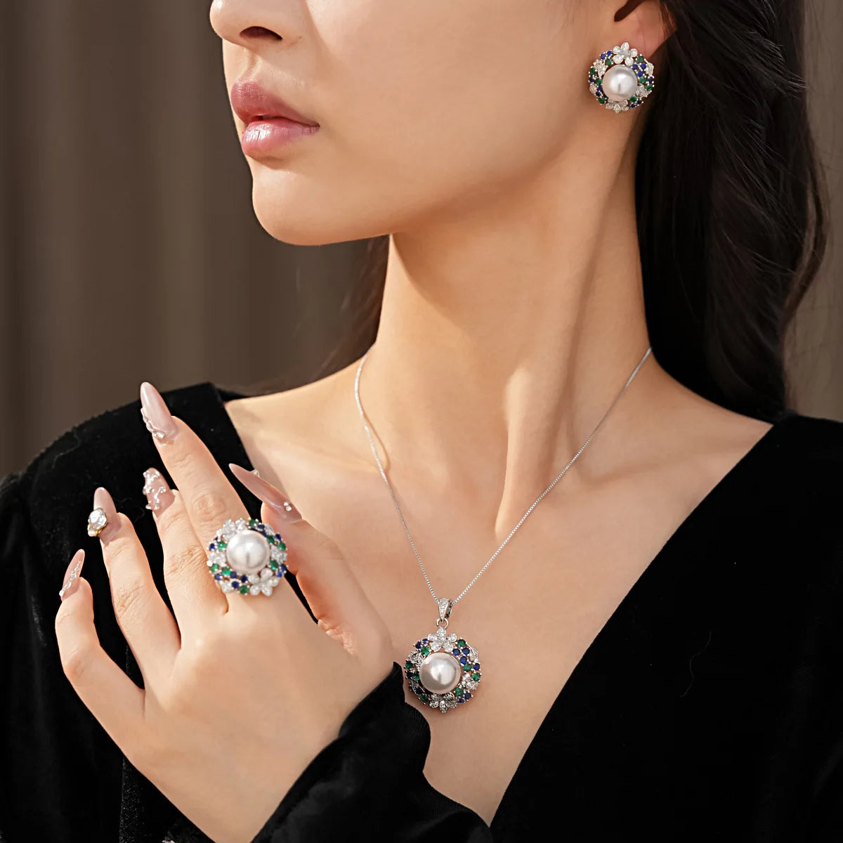 3Pcs/4 Pcs Party Jewelry Set Large Size Pearl Necklace Earrings Rings Ladies Fashion Shiny Zircon Jewelry for Party Banquet K