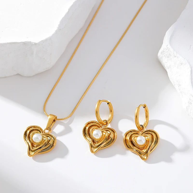 EILIECK New Fashion Stainless Steel Metal Heart Pearl Necklace Earrings For Women Trendy Gold Color Waterproof Jewelry Set Gift