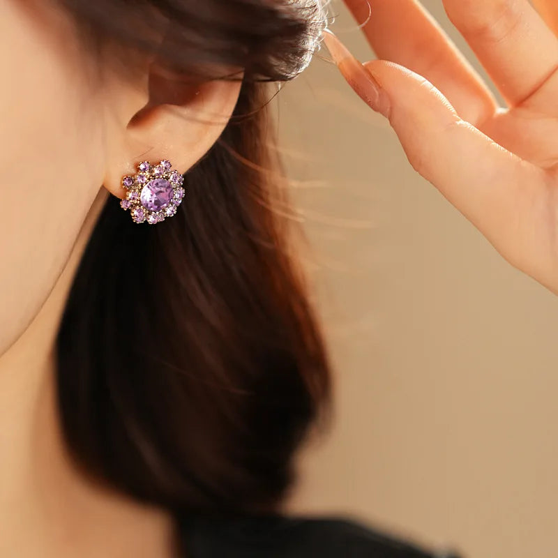 Vintage Amethyst Round Flower Cluster Necklace Bracelet Earring Jewelry Set Antique Silver Luxury Women Bridal Wedding Jewelry N