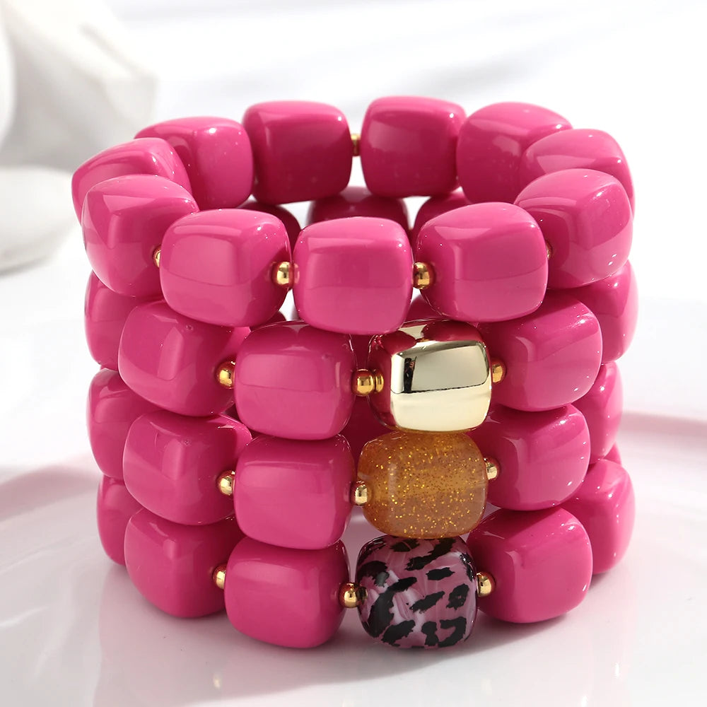 New Pink Square Breaded Elastic Bracelets for Women Resin Geometric Beads Stretch Cuff Bangle Bracelets Fashion Jewelry