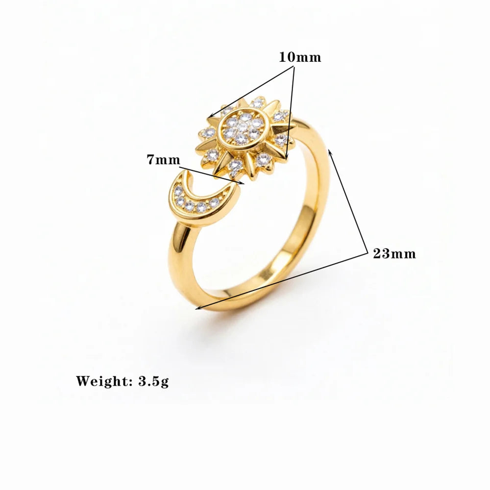 Charm Female White Small Moon Sun Zircon Stone Tredny Adjustable Open Ring Gold Silver Color Cute Gift Wedding Jewelry For Women