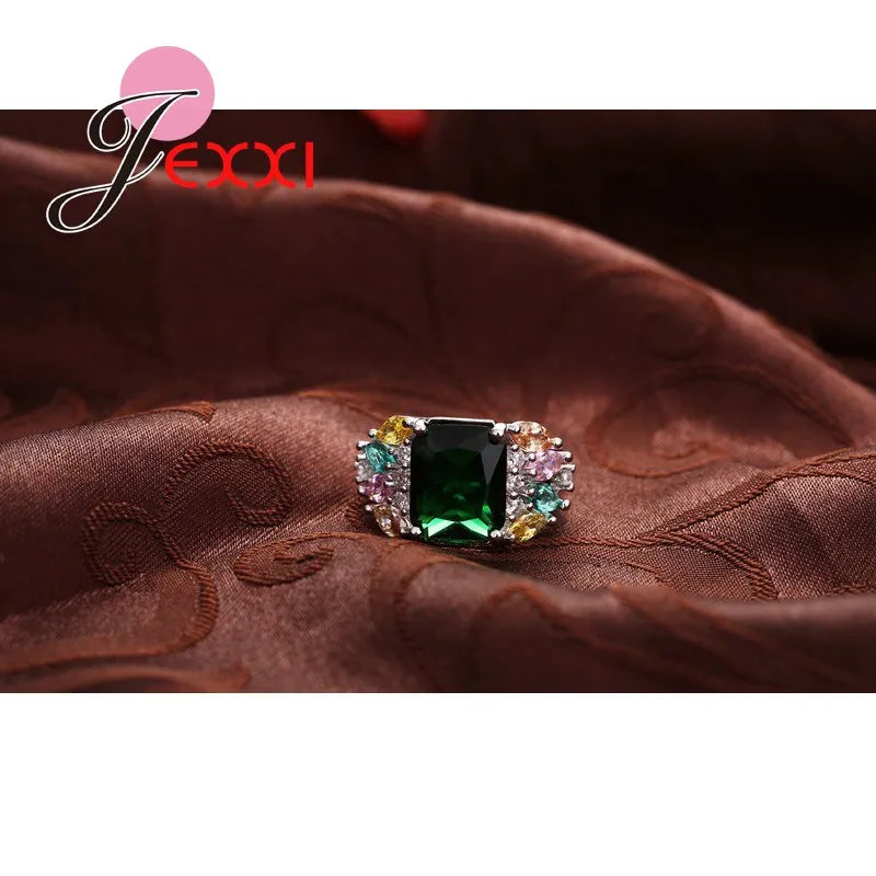 Hot Sale Bands Jewelry Ring Green Austrian Crystal Fashion 925 Sterling Silver Color Wedding Engagement Rings For Women Bague