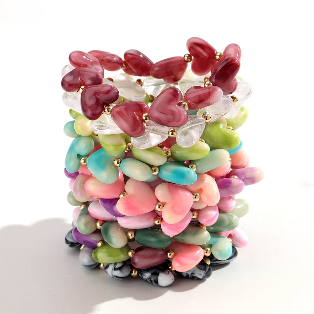Cute Acrylic Colorful Geometric Heart Beads Elastic Bracelets New Love Heart Beaded Stackable Bangle Bracelet Women Jewelry Gift