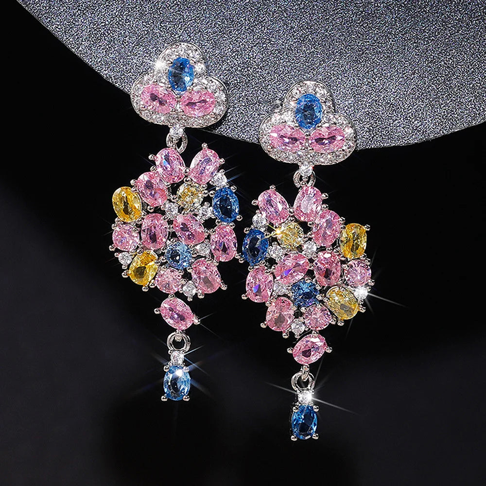 Cute Female Silver Color Flower Drop Stud Earrings Lovely Bridal Wedding Jewelry For Women