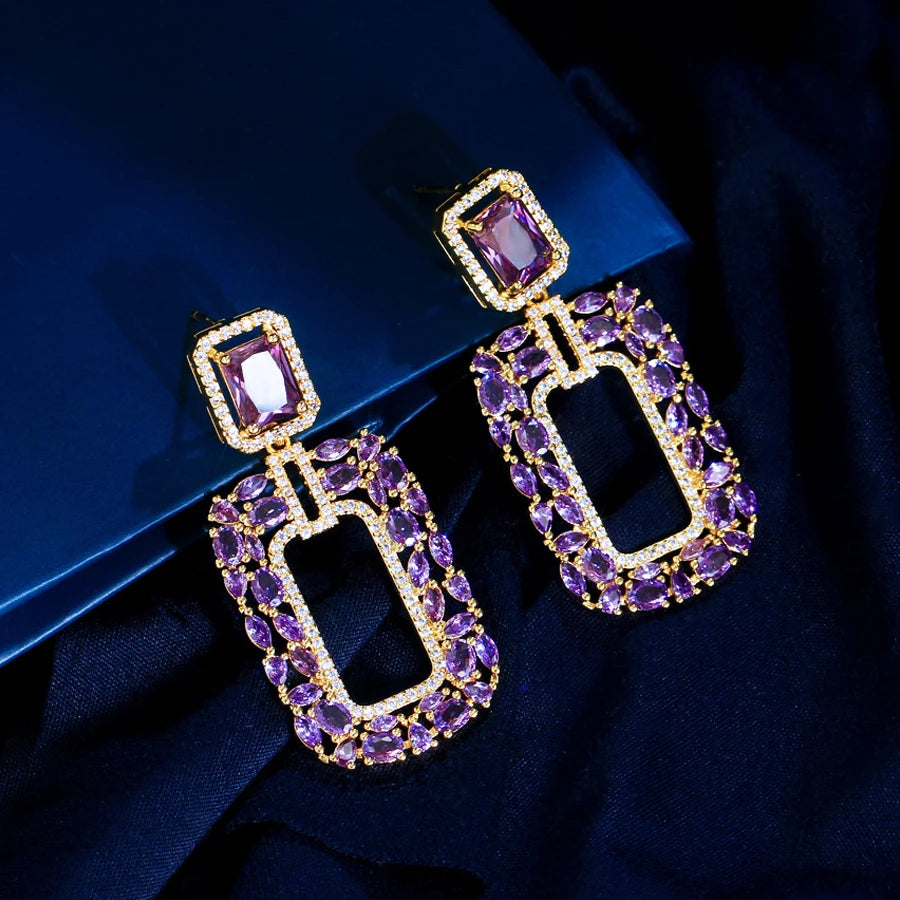 ThreeGraces New Brilliant Purple White Zirconia Long Big Rectangle Dangle Earrings for Women Luxury Bridal Party Jewelry E1963