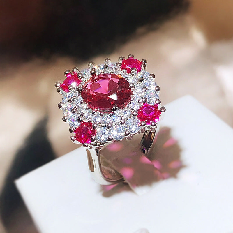 Vintage Jewelry Long Ring Ruby Rose Red Pendant Ring Crystal Luxury 925 Sterling Silver Wedding Gift To Girlfriend