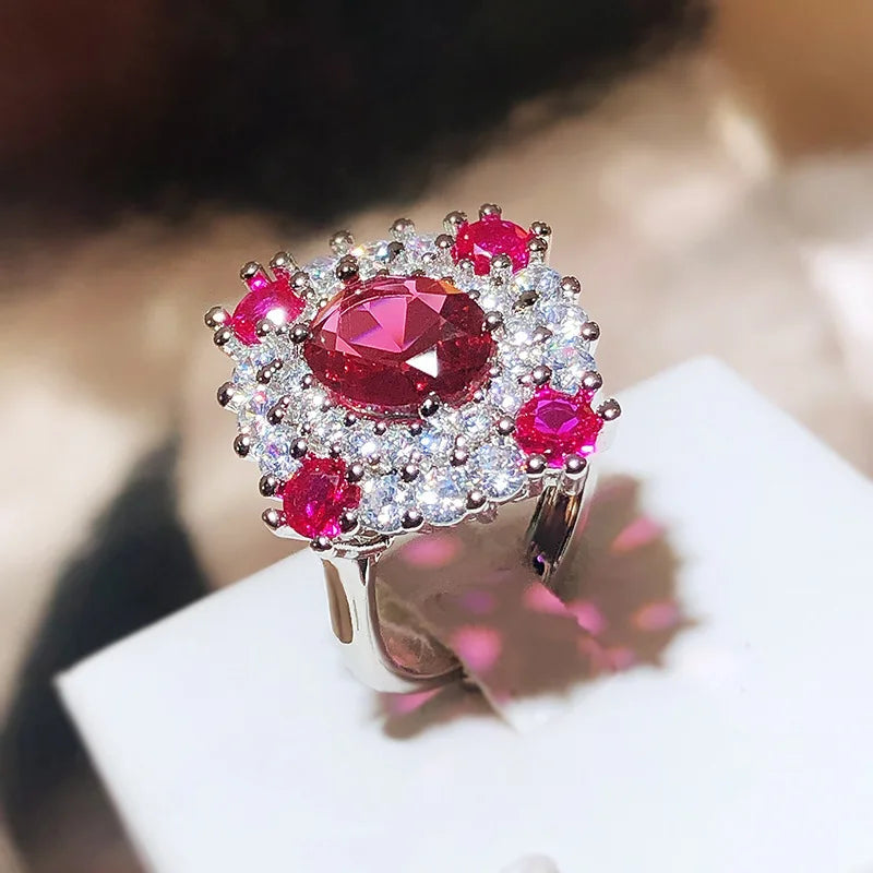 Vintage Jewelry Long Ring Ruby Rose Red Pendant Ring Crystal Luxury 925 Sterling Silver Wedding Gift To Girlfriend