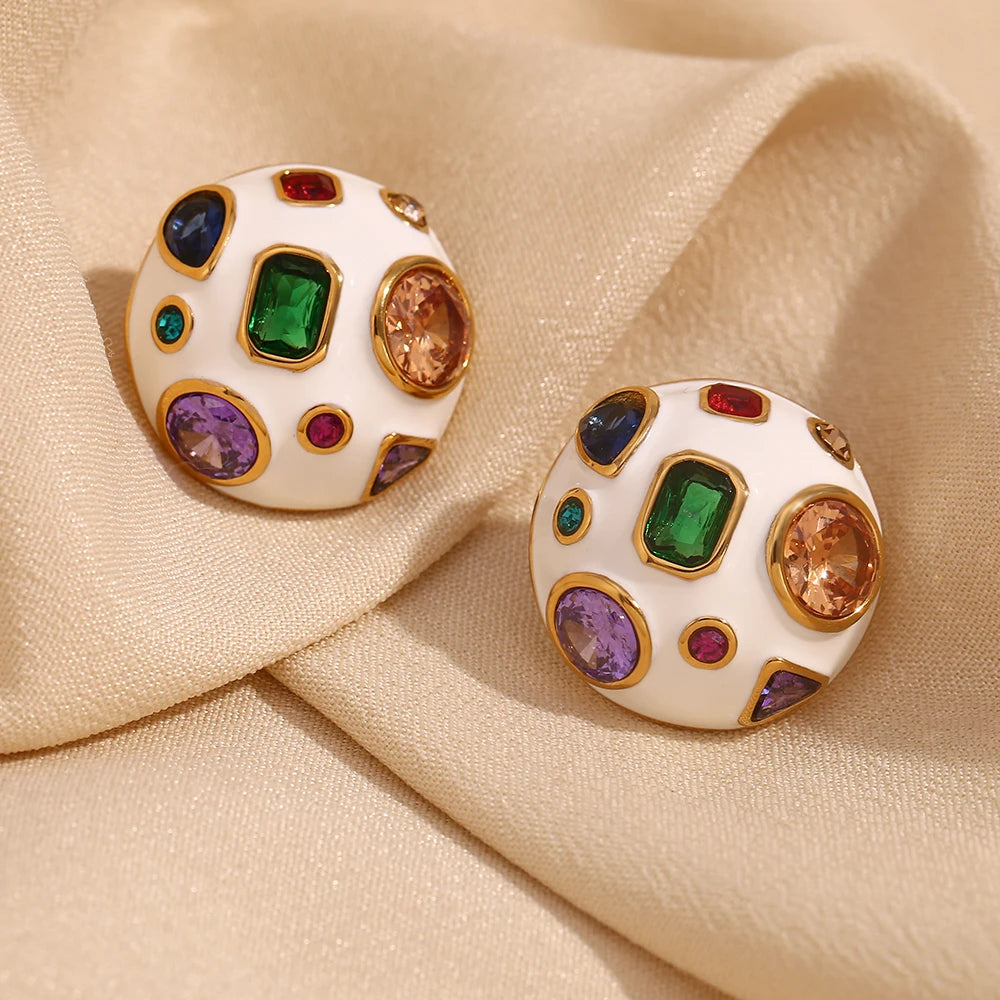 E.B.belle White Enamel Geometric Colored Zirconium Spherical Earrings 18K Gold Plated Gift 316L Stainless Steel Women's Earrings