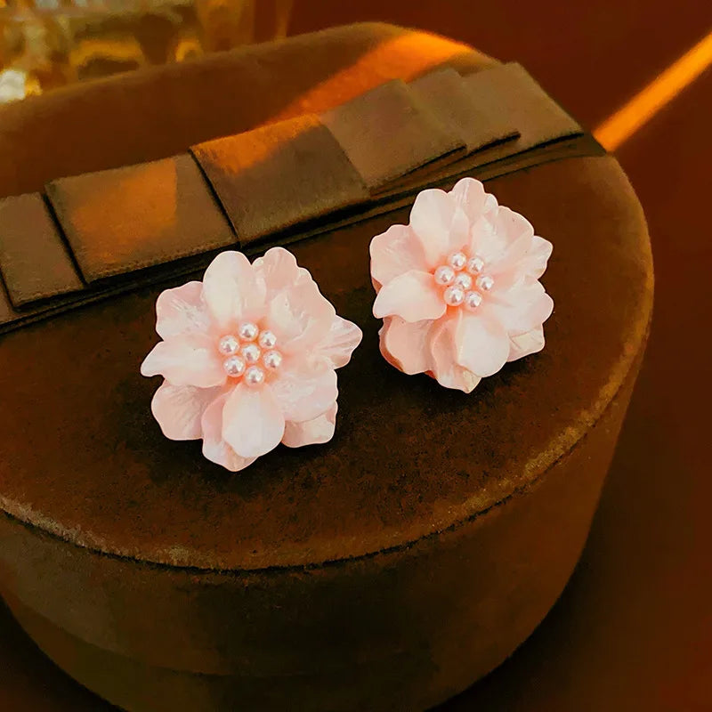 Kaitin Acrylic Pink Flower Pearl Earrings Ins Simple and Fashionable Earrings Temperament Versatile Earrings Wholesale for Women