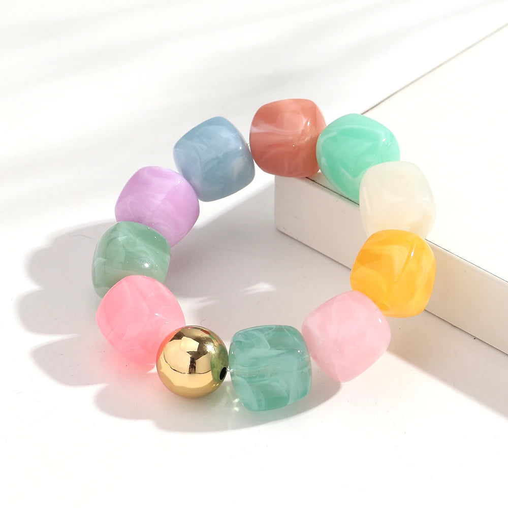 Acrylic Multicolor Irregular Beads Stretchy Bracelets Bangles for Women Resin Marbled Beaded Geometric Elastic Bracelet Jewelry