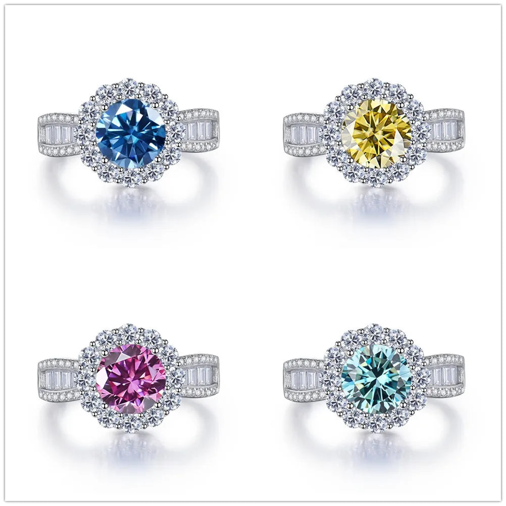 Round Shape 2 Carat Pink Royal Blue Color Moissanite Ring S925 Sterling Silver Women Engagement Luxury Wedding Dating Ring