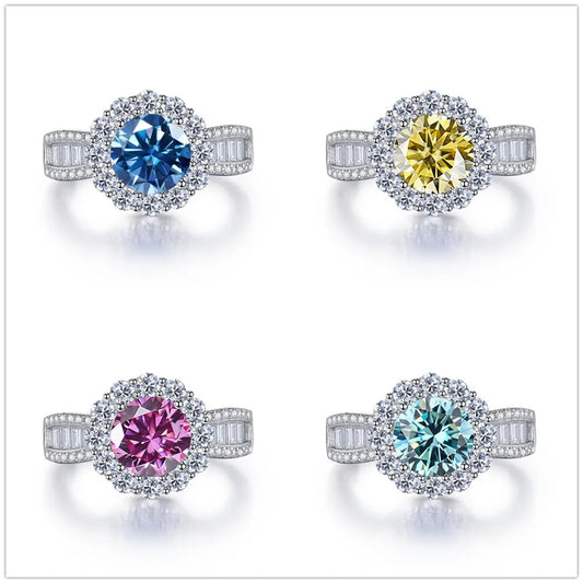 Round Shape 2 Carat Pink Royal Blue Color Moissanite Ring S925 Sterling Silver Women Engagement Luxury Wedding Dating Ring