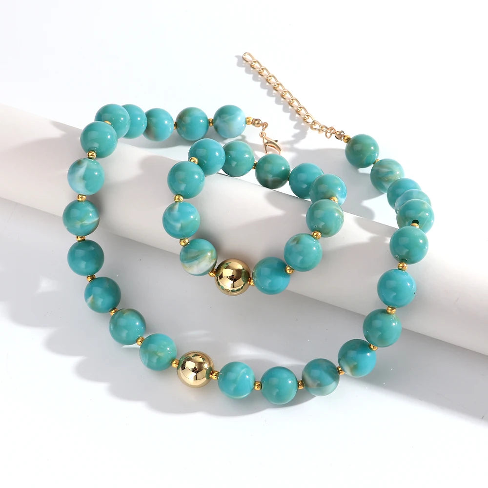 Trendy Acrylic Multicolor Round Beads Necklace Bracelet Set Resin Geometric Beaded Choker Necklaces 2026 Fashion Jewelry