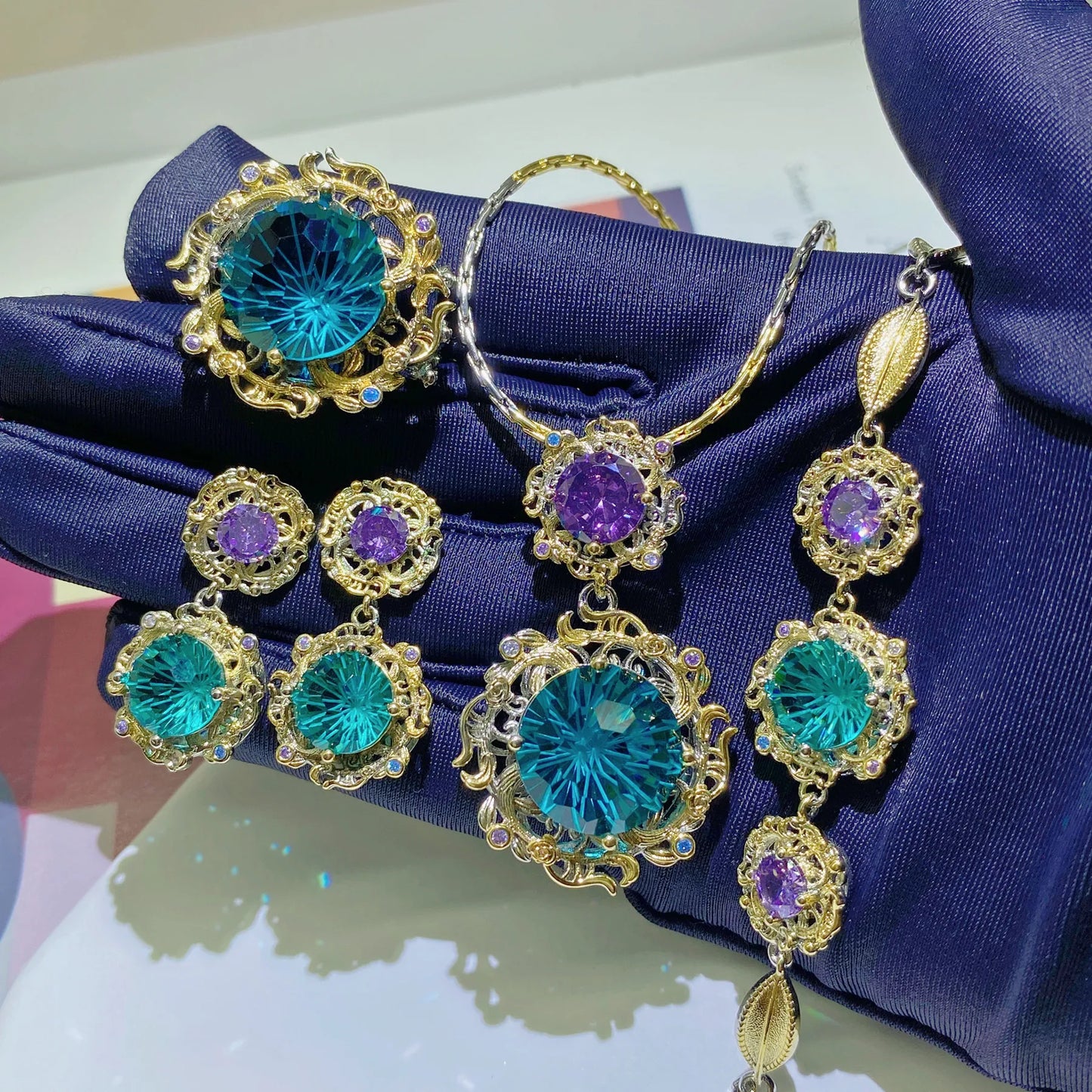 Fashion 925 Sterling Silver Women Green Zircon Necklace Earring Ring Bracelet Female Jewelry Set Birthday Party Anniversary Gift
