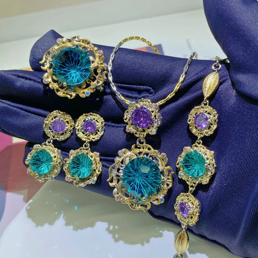 Fashion 925 Sterling Silver Women Green Zircon Necklace Earring Ring Bracelet Female Jewelry Set Birthday Party Anniversary Gift