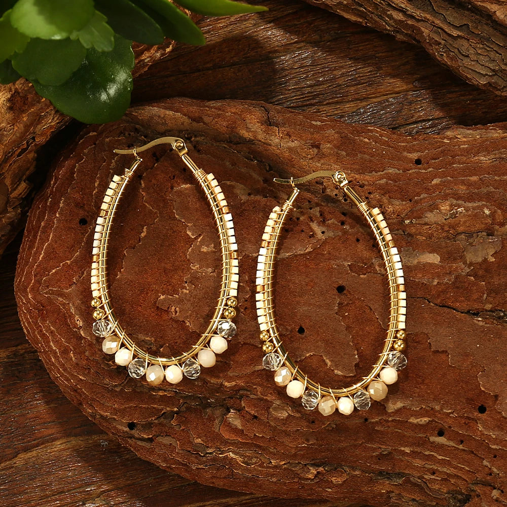 Badu Boho Colorful Woven Crystal Beads Oval Hoop Earrings for Women Stainless Steel Handmade Jewelry Bohemia Fashion Gifts