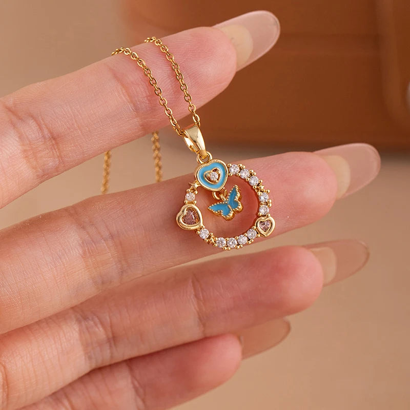 ANENJERY 316L Stainless Steel Flower Butterfly Shell Pendant Necklace For Women Delicate Elegant Fashion Jewelry Gifts Wholesale