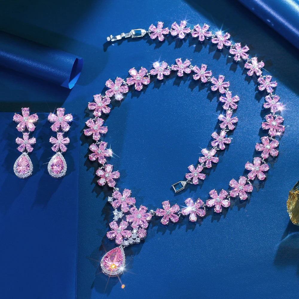 ThreeGraces Vintage Brilliant Pink Water Drop Zirconia Flower Shape Bridal Wedding Evening Party Jewelry Set for Women T1204