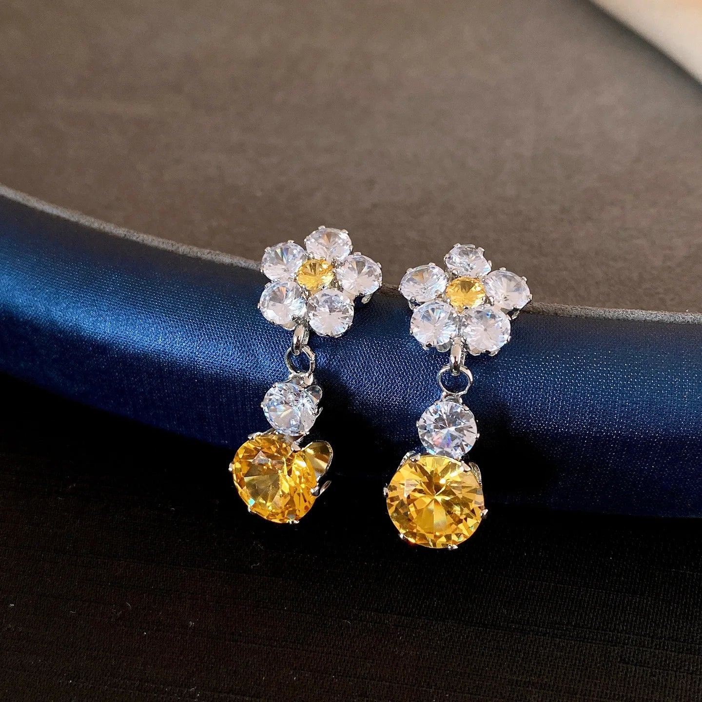 2 Pcs Reteo Flower Rhinestones Chokers Necklaces for Gathering Bling Color-block Dangle Earrings Banquet Anniversary Set H
