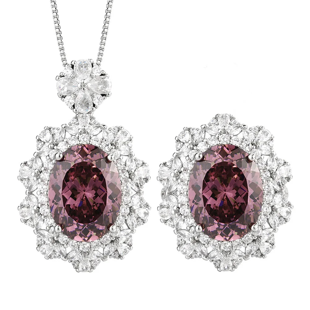 New Vintage 12*16mm Amethyst  Pink Quartz Pendant Necklace Rings for Women Gemstone Lab Diamond Party Jewelry Sets Birthday Gift