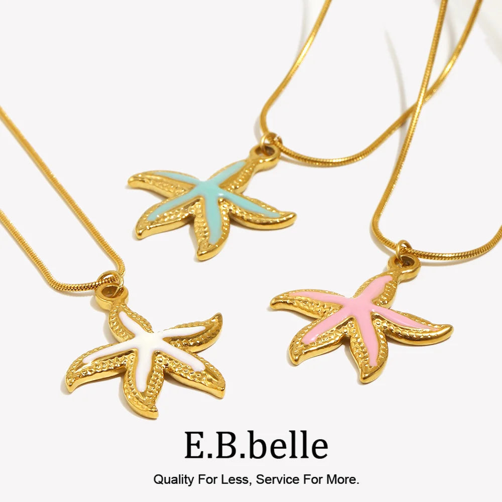 E.B.belle Summer Beach Cute Coloful Starfish Pendant Necklace 18K Gold Plated  316L Stainless Steel Holiday Neck Jewelry