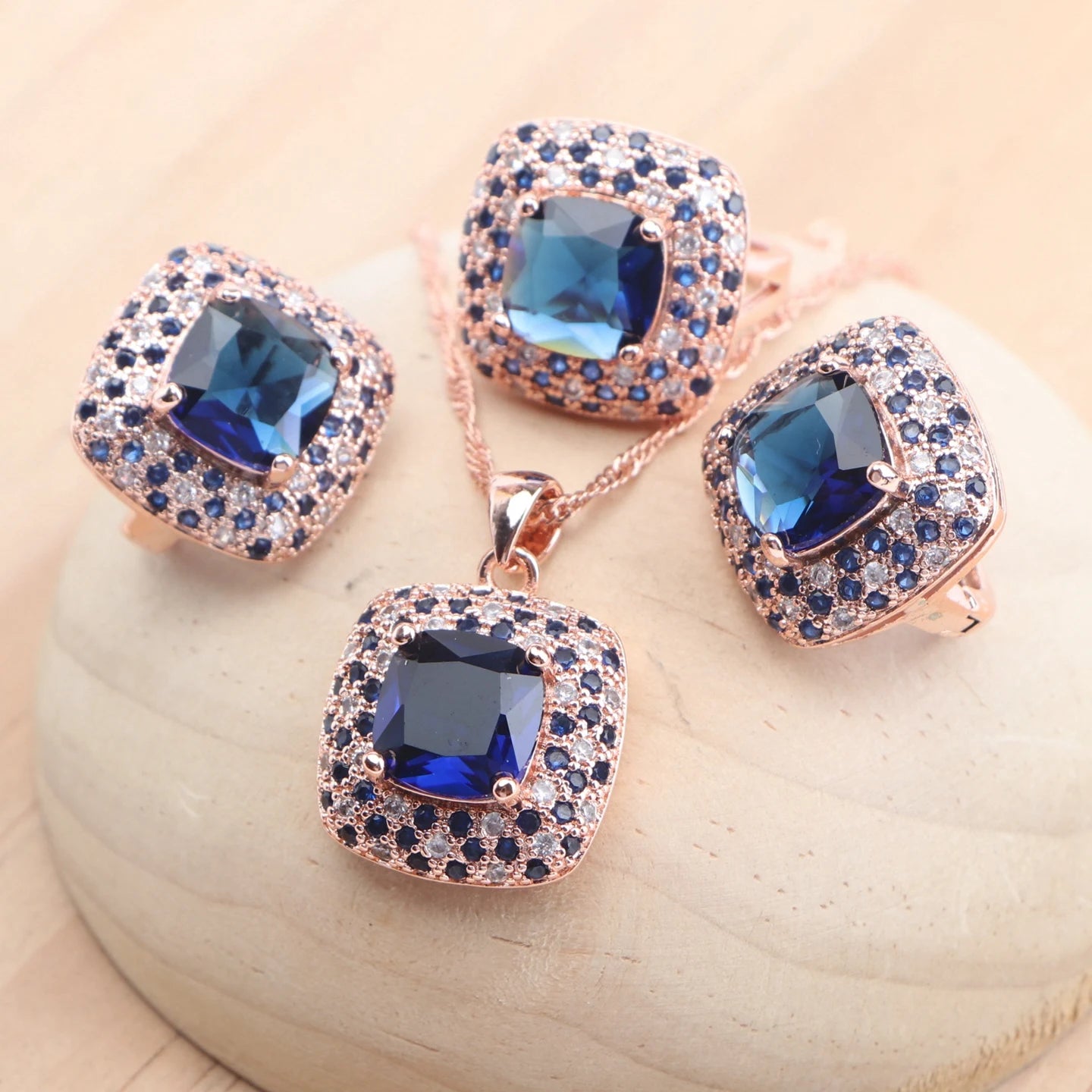 Bridal Jewelry Sets 925 Sterling Silver Rose Gold Color Red Zircon For Women Earrings Rings Pendant Wedding Necklace Set