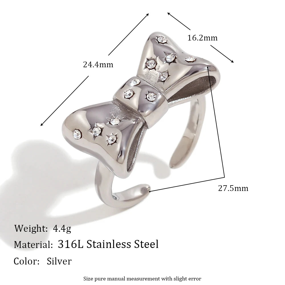 E.B.belle Micro Inlaid Bow Open Ring Waterproof Silver Color 316L Stainless Steel Decoration 18K Gold Plated Jewelry