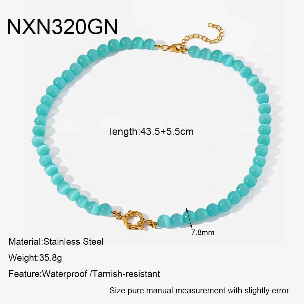 2026 Rainbow Cats Eye Glass Bead Choker Necklace 18K Gold Plated Stainless Steel Summer Bikini Gift for Women Girls