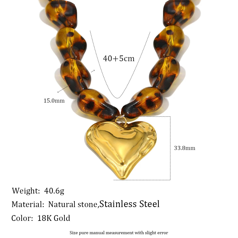 E.B.belle Leopard Print Natural Stone String Necklace With Heart Pendant Charm Personalized Design For Daily Life Birthday Party