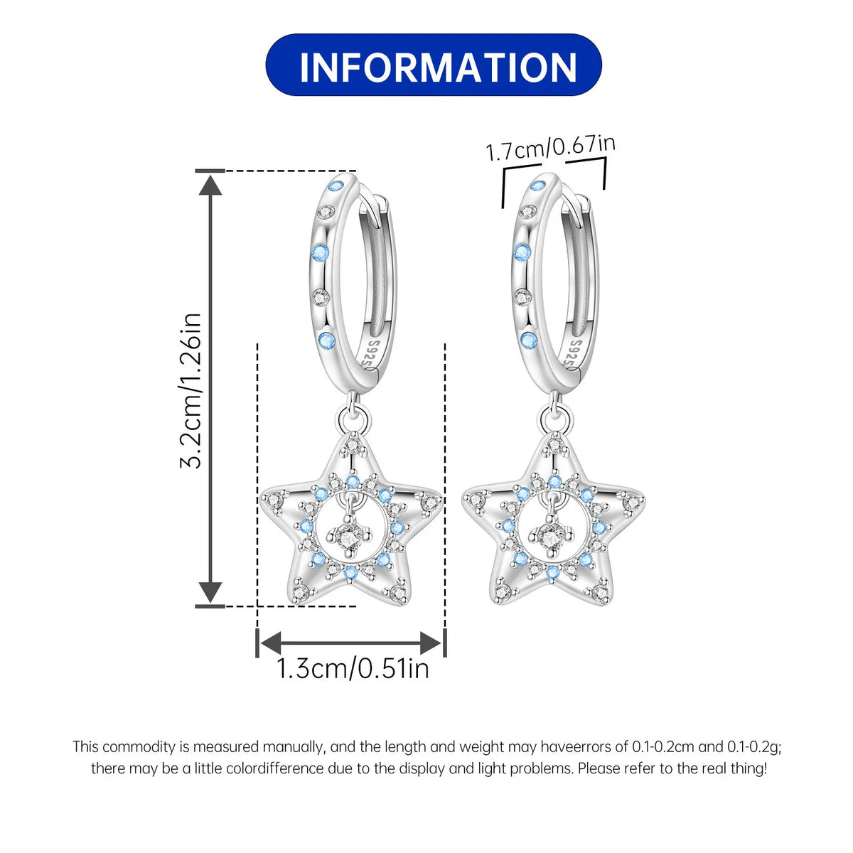 Orstarry 925 Sterling Silver Sparkling Blue Star Planet Drop Earrings Women Earrings Charm Trend Versatile Party Jewelry Gifts