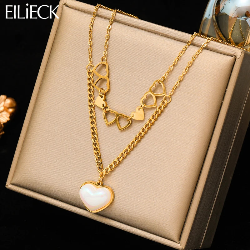 EILIECK 316L Stainless Steel Heart Love Pearl Pendant Necklace For Women Fashion Multilayer Neck Chain Jewelry Gift Collier