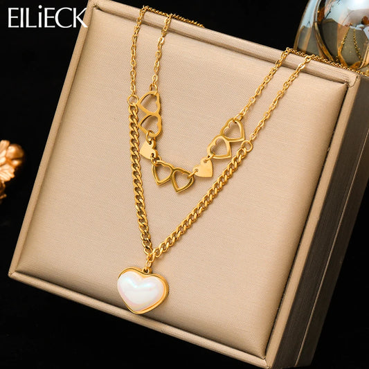 EILIECK 316L Stainless Steel Heart Love Pearl Pendant Necklace For Women Fashion Multilayer Neck Chain Jewelry Gift Collier