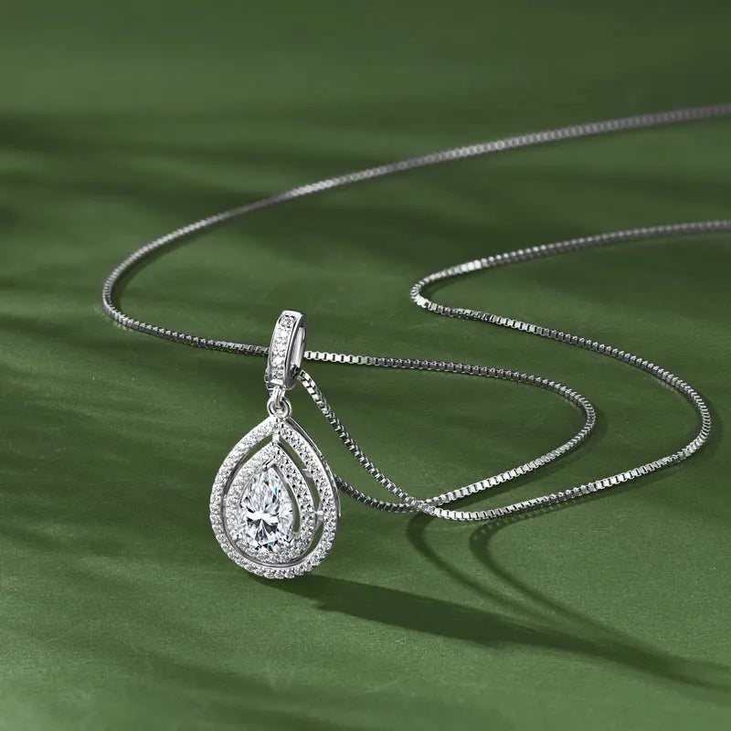 OXTAO 925 Sliver Moissanite Water Drop Pendant Necklace Double Layer with Certified for Women Clavicle Chain Necklace Jewelry