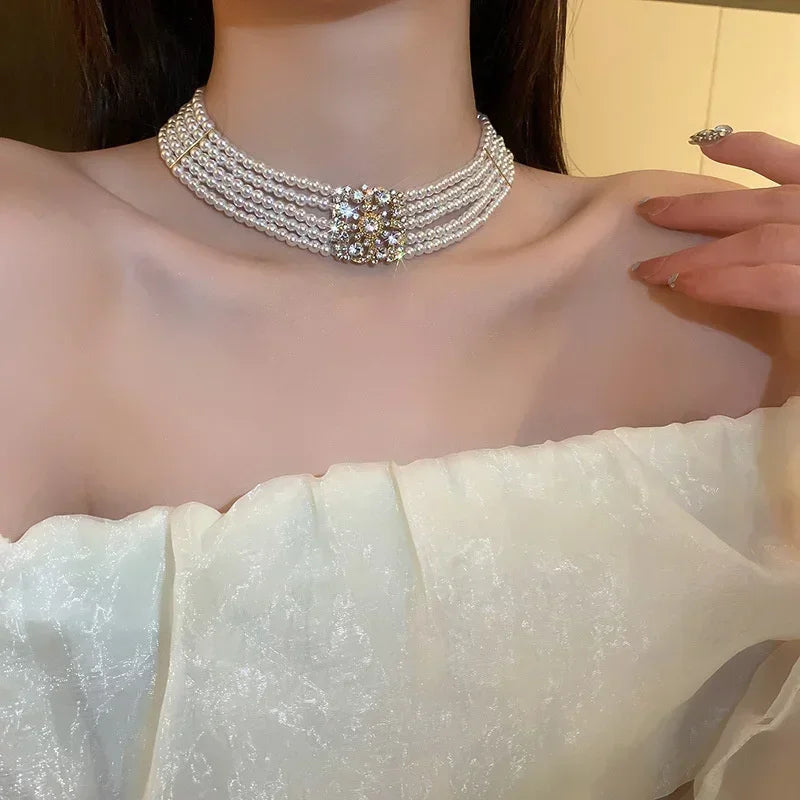 Elegant Multilayer Pearl Choker Necklaces for Women Crystal Flowers Necklaces Weddings Party Jewelry