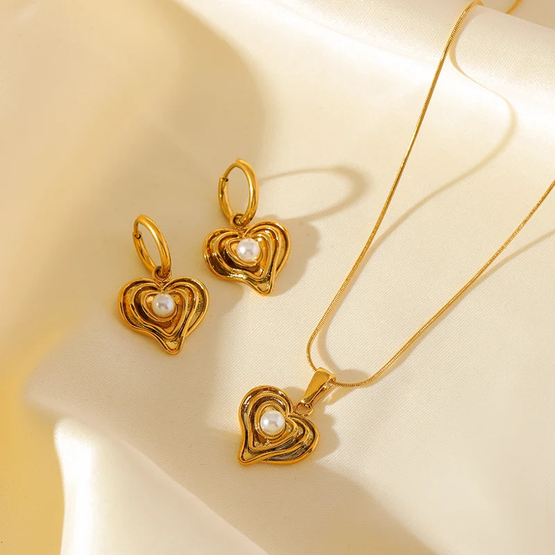 EILIECK New Fashion Stainless Steel Metal Heart Pearl Necklace Earrings For Women Trendy Gold Color Waterproof Jewelry Set Gift