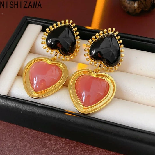 NISHIZAWA Resin Hearts Earrings for Women Contrast Color Palace Style Vintage Jewelry Sweet Fashion Elegant Aretes De Mujer