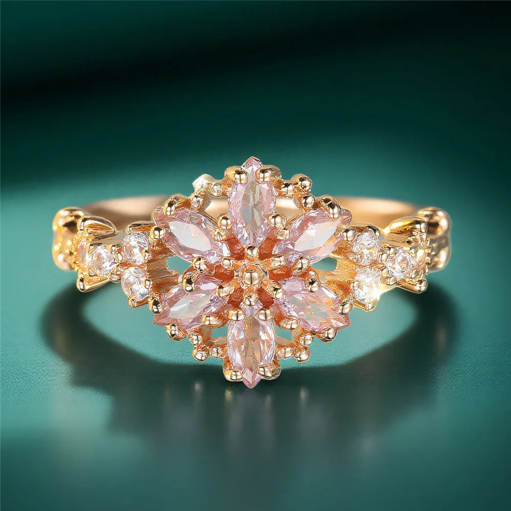 Cute Female Zircon Stone Flower Ring Gold Color Engagement Charm Wedding Jewelry For Women