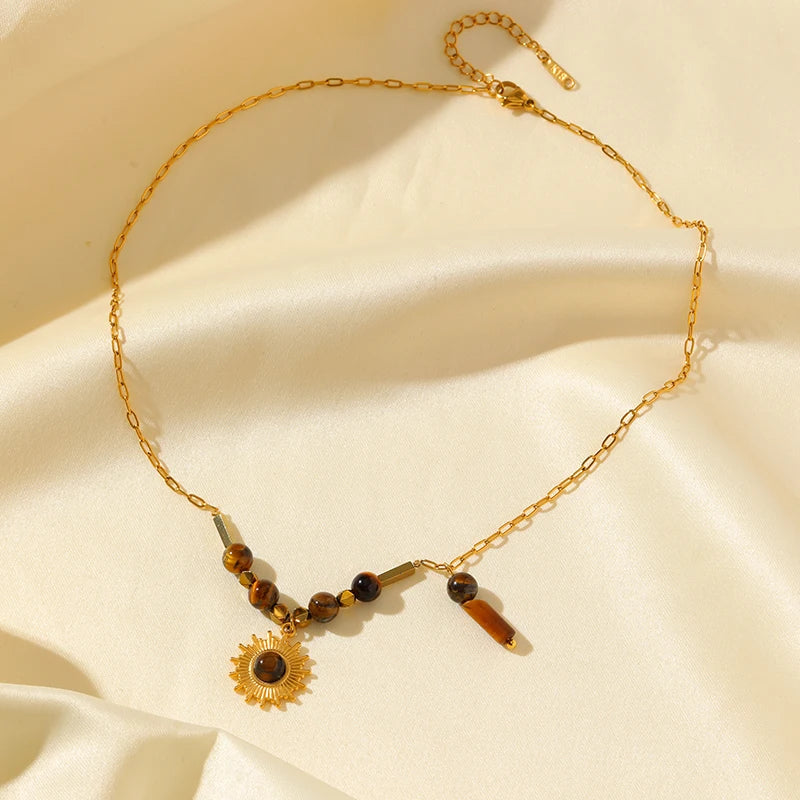 EILIECK 316L Stainless Steel Vintage Brown Beaded Pendant Necklace Bracelet Trendy For Women New Gift Waterproof Jewelry Set