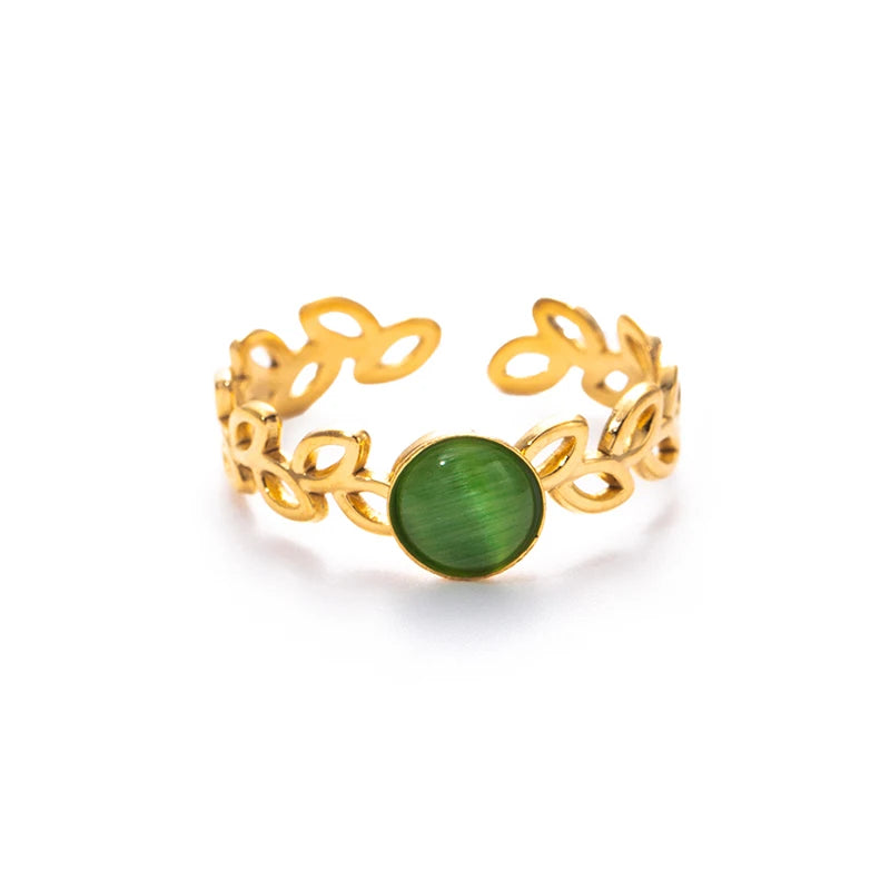 ANENJERY 316L Stainless Steel Hollow Leaf Colorful Stone Open Ring for Women Men Simple Jewelry Gifts Daily Wholesale