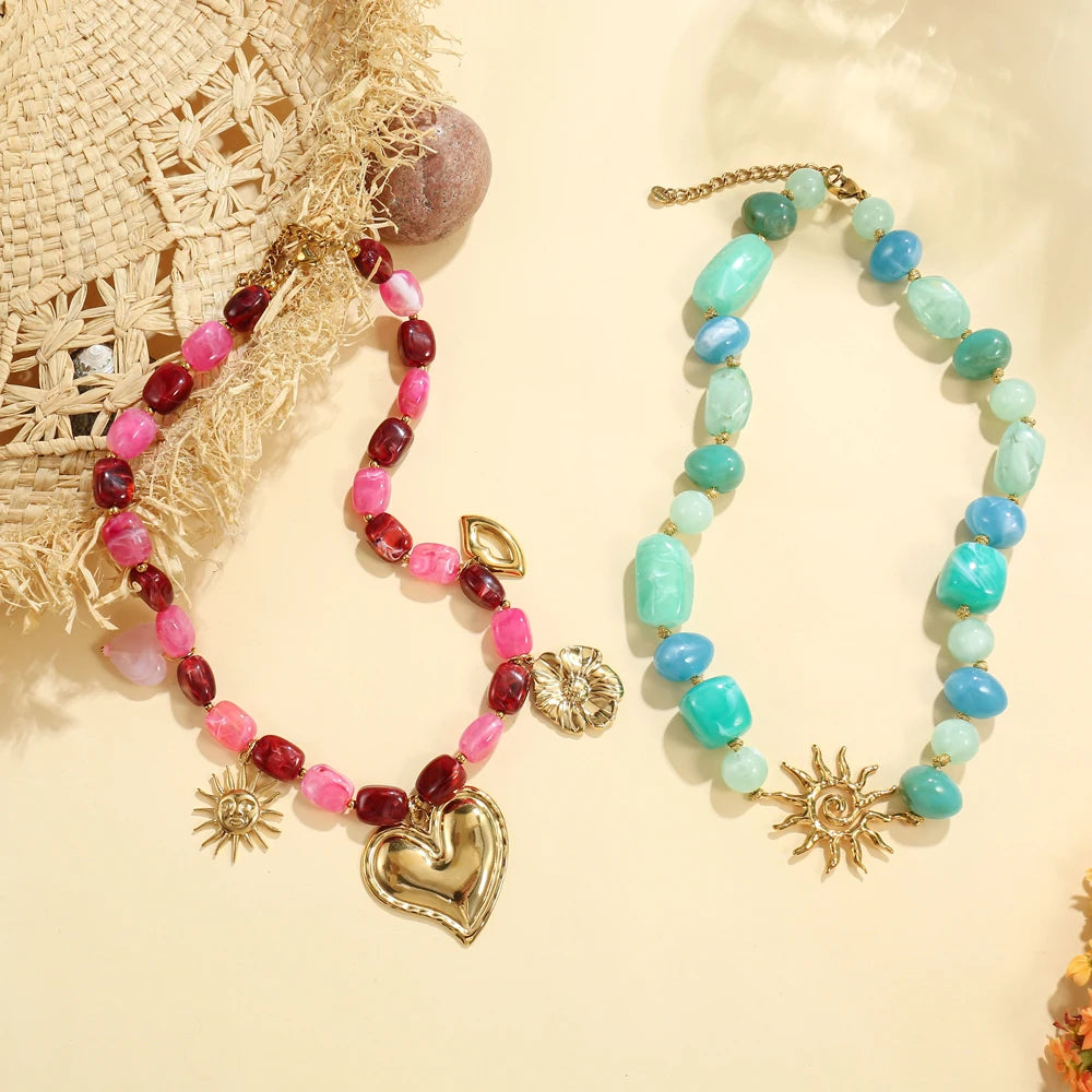 Badu Colorful Acrylic Beaded Choker Sun Heart Flower Pendants Necklace for Women Stainless Steel Fashion Jewelry Party Gifts
