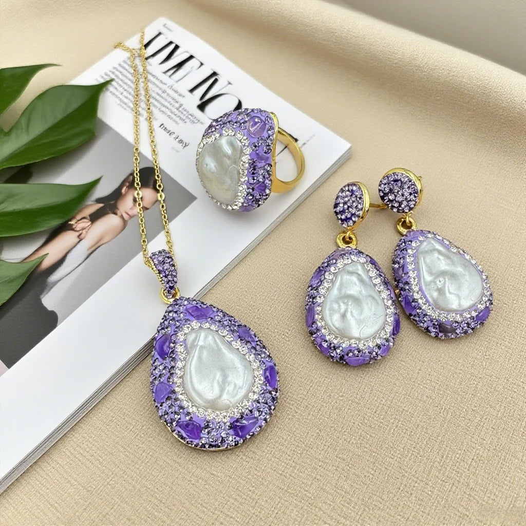 Water Drop Baroque Pearl Purple Crystal Set Handmade Three Piece Set of Rhinestone French Antique Jewelry for Women Wedding Gift