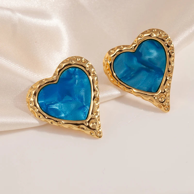 ANENJERY 316L Stainless Steel Ripple Metal Heart Earrings For Women Bohemia Niche Vintage Personality Delicate Jewelry Gifts