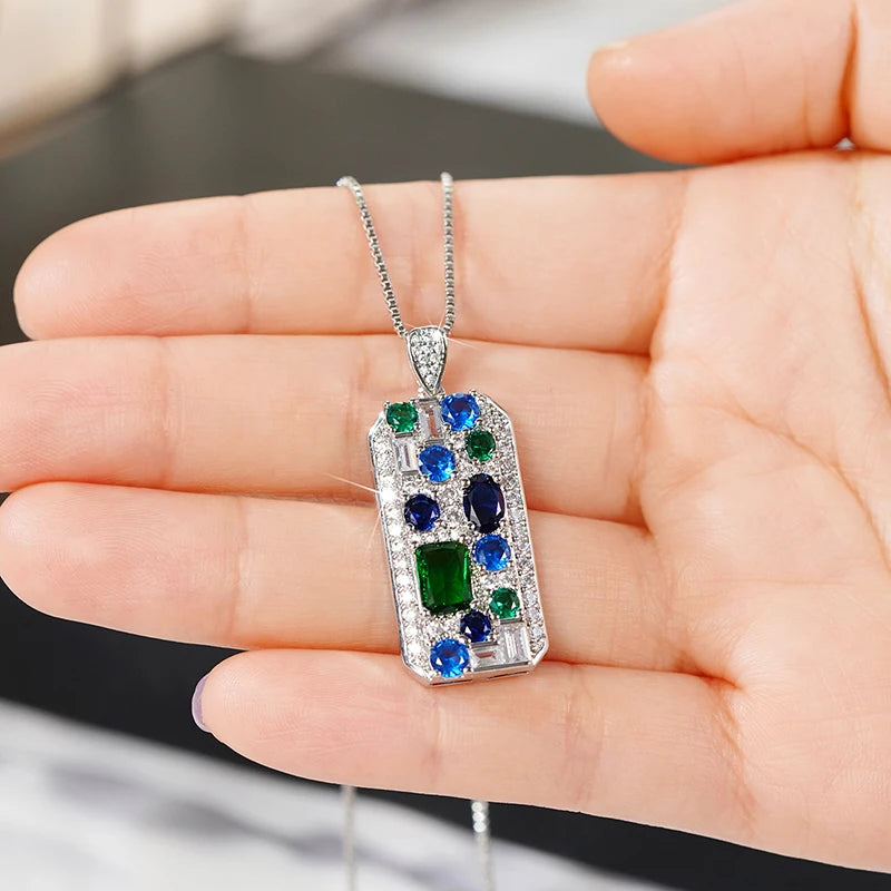 Huitan Blue/Green Cubic Zirconia Pendant Necklace for Women Luxury Trendy Bridal Wedding Neck Accessories Silver Color Jewelry