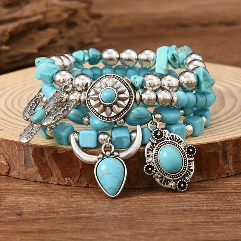 Bohemian Style Bead Bracelet with Cow's Head Geometric Inlay Imitation Turquoise Fashion Combination Jewelry Accessories