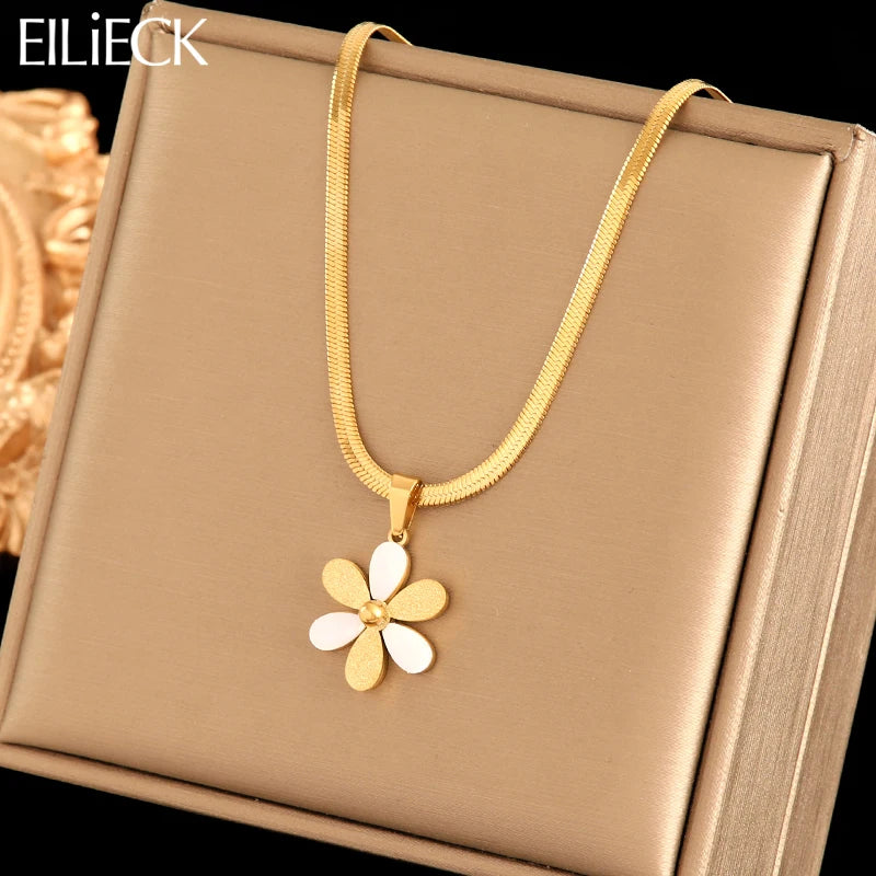 EILIECK 316L Stainless Steel Simple Flower Pendant Necklace For Women Girl New Party Gift Neck Chain Waterproof Jewelry Collar