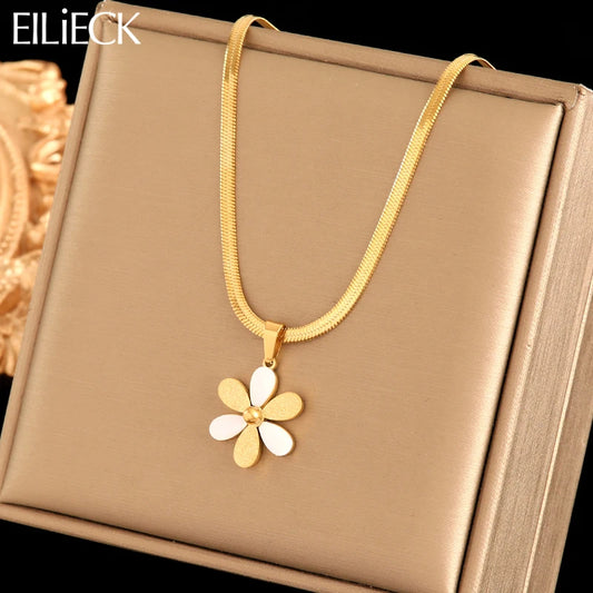 EILIECK 316L Stainless Steel Simple Flower Pendant Necklace For Women Girl New Party Gift Neck Chain Waterproof Jewelry Collar