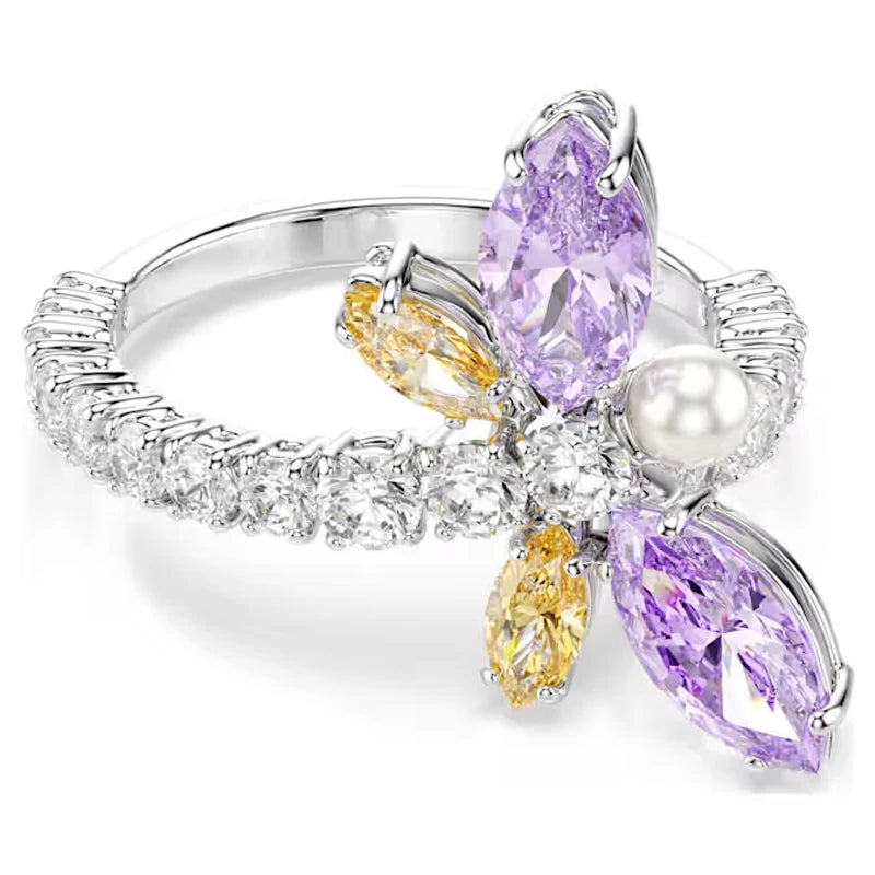 Spring Garden Inspired Multicolor Cubic Zirconia Dragonfly & Flower Jewelry Set,Ring Necklace Earring Bracelet,Light luxury