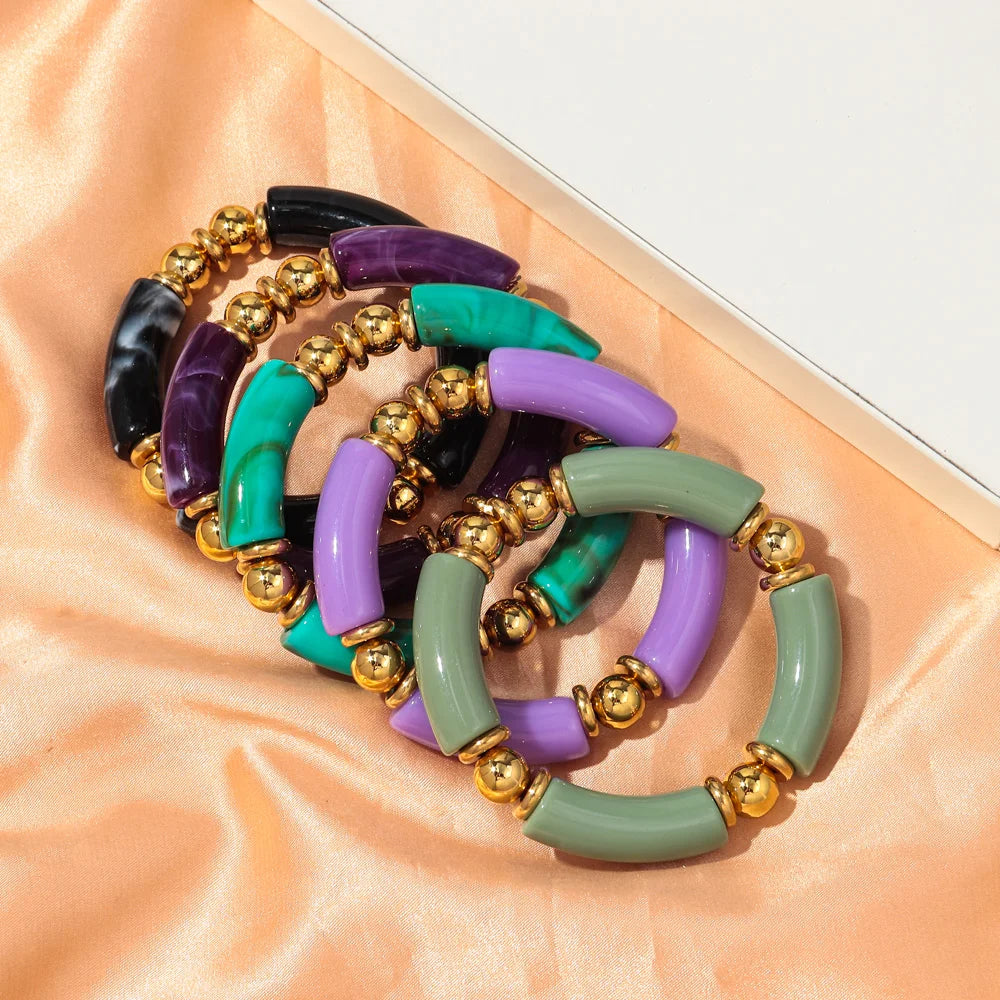 New Design Acrylic Gold Color Beads Chunky Bamboo Bracelets for Women Resin Curved Tube Stretchy Bangle 2024 Fashion Jewelry